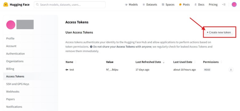 Create new token button