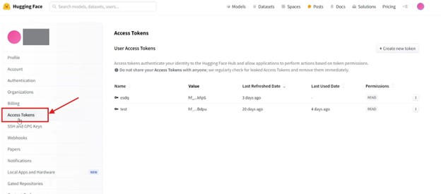 Access Tokens from the sidebar