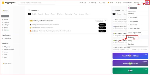 Select Settings from dropdown on Hugging Face